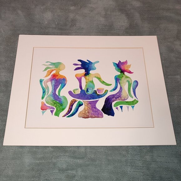 Three Mermaids Witches Rainbow Colorful Artist Signed Wall Art Ready to Frame - Picture 1 of 10